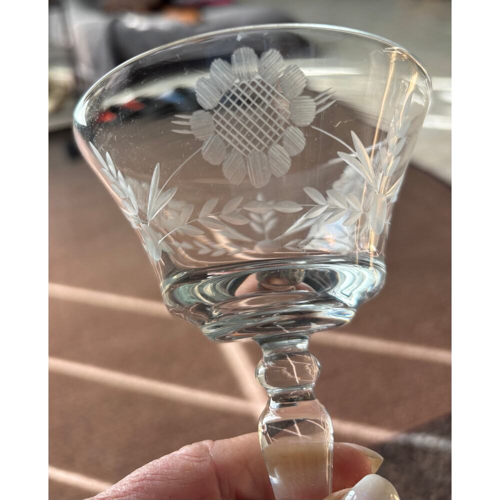 5 Hughes Cordial Etched Glasses Cornflower Pattern Sherry Wine Sorbet Vintage